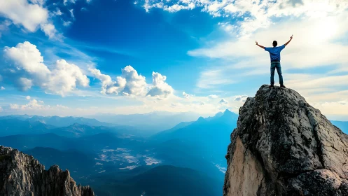 Person stands on rocky summit overlooking layered mountain range