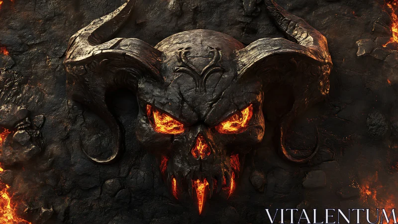 Horned demonic skull relief with molten lava highlights.