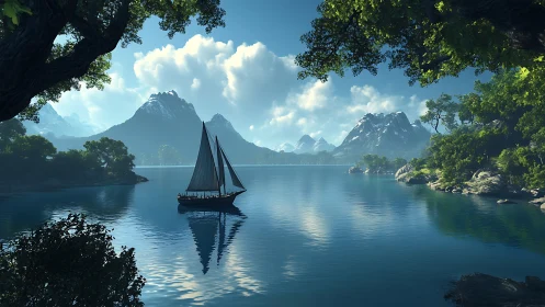 Procedural alpine lake vista with single-mast sail vessel.