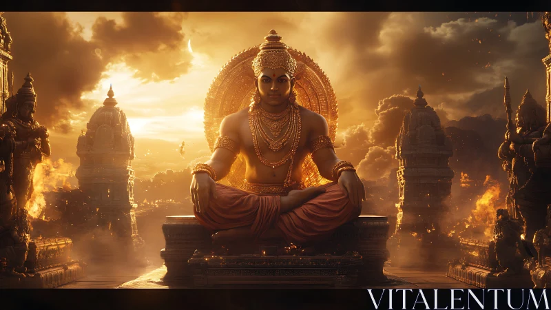 Solar throne of serenity amid roaring temple inferno.