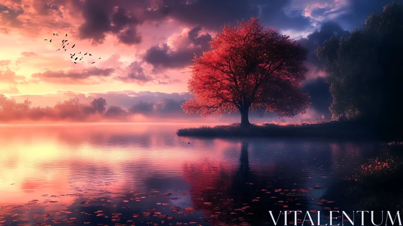Crimson lakeside tree under glowing cinematic sunset sky.