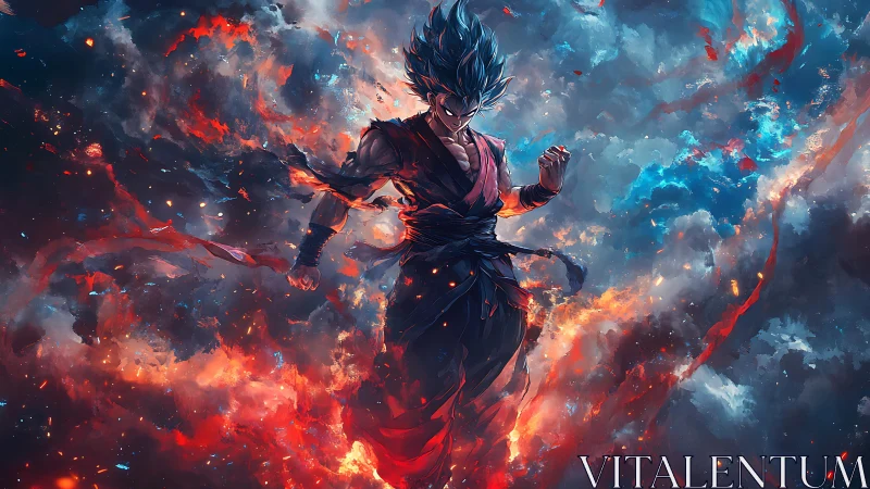 Energetic warrior suspended in turbulent chromatic plasma field.