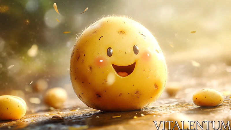 Smiling cartoon potato character on sunny wooden table.
