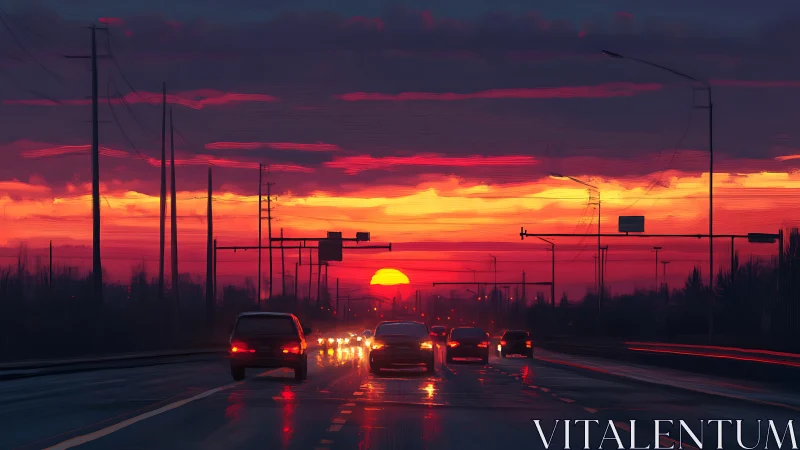 Sunset highway traffic under vivid red-orange sky.