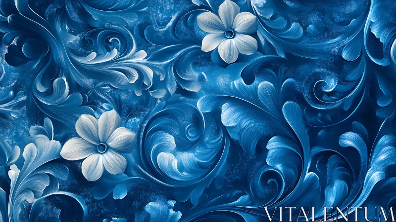 Blue floral scrollwork swirls around luminous white blossoms