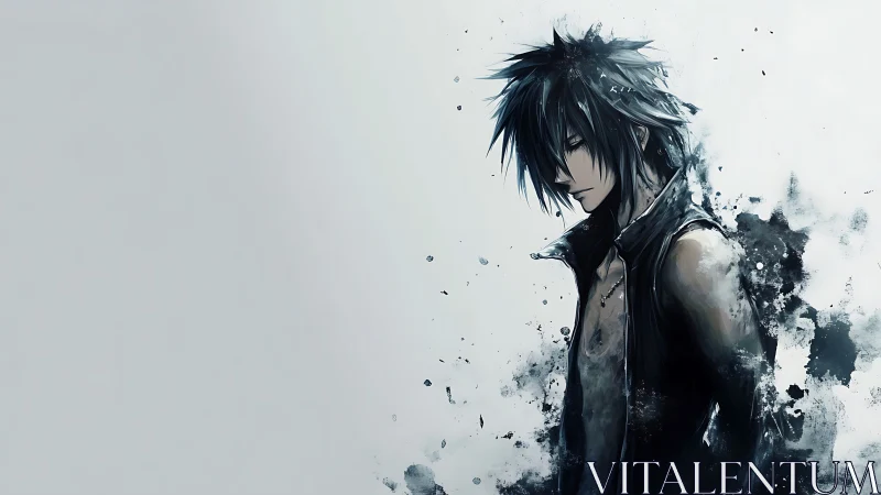 Brooding anime warrior dissolves into ink splatter storm