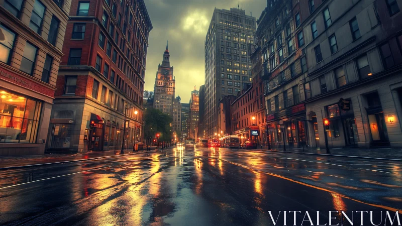 Moody city street glows with rainy reflections at dusk.
