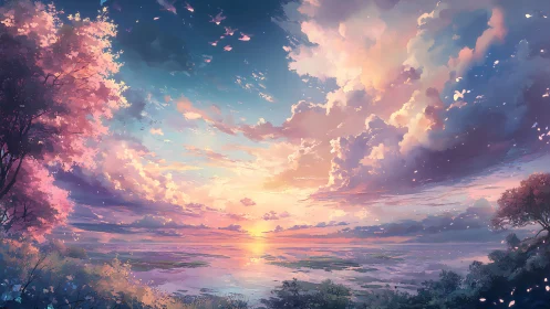 Blossom shoreline sunset under storybook cotton skies.