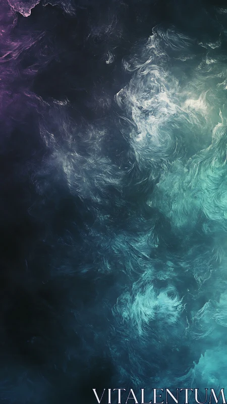 Nebulous teal and violet cosmic turbulence digital artwork.