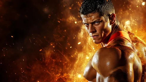 Male bodybuilder rendered against fiery abstract backdrop.