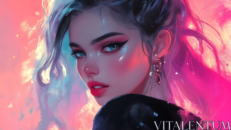Neon-lit portrait merges soft gradients and sharp gaze.