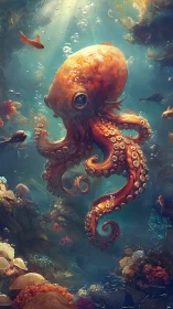 Digital painting of luminous octopus in vertical reef tableau.