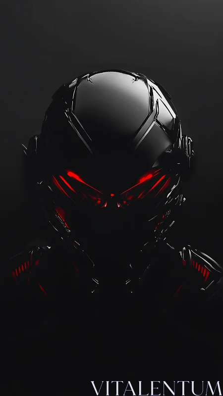 Futuristic black cyborg helmet glows with sinister red light.