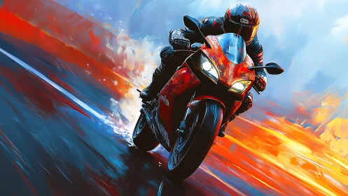 Blazing red superbike races forward through vivid color