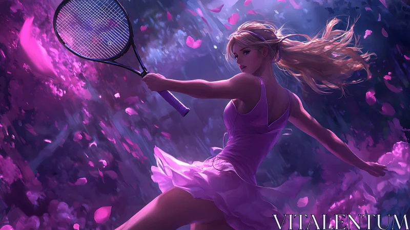 Female tennis player executes forehand amid falling petals