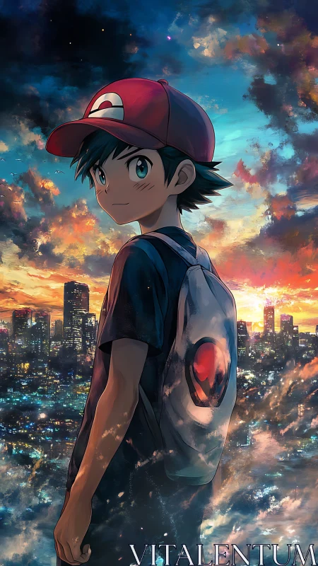 Anime boy with cap over city skyline at sunset.