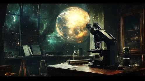 Old observatory lab with microscope and glowing planet.
