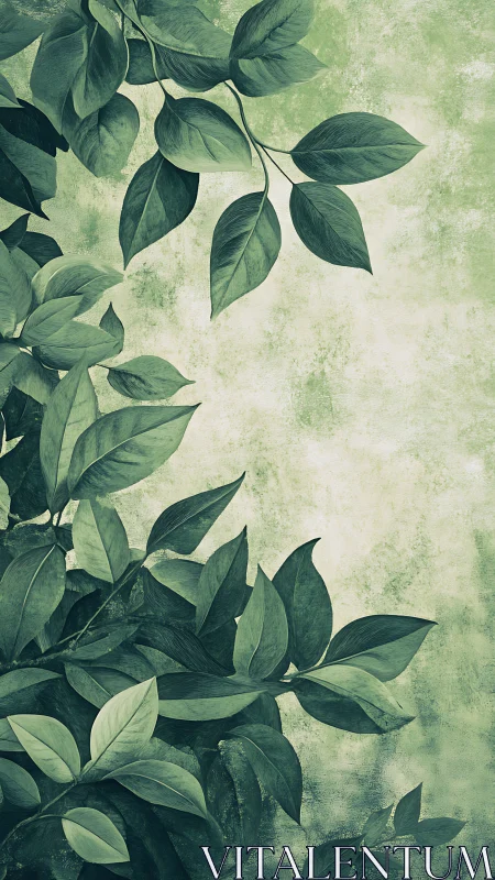 Green foliage illustration against textured pastel wall.