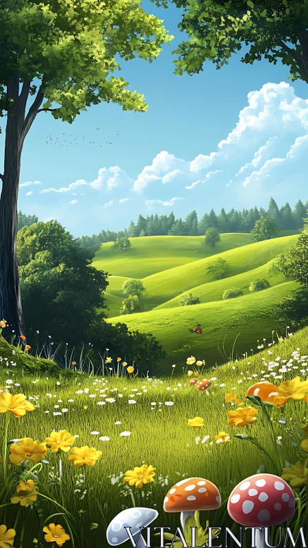 Sunlit wildflower meadow leads into rolling green valleys