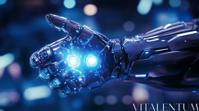 Cybernetic hand channels blue energy in neon glow.