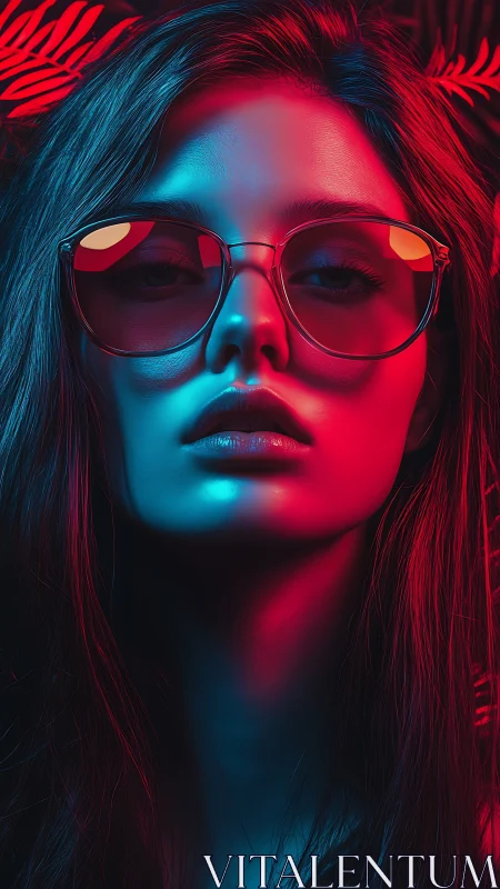 Woman in sunglasses lit by contrasting red and blue neon