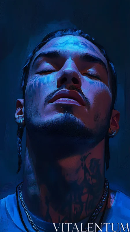 Digital painting portrait in blue low-key chiaroscuro profile.
