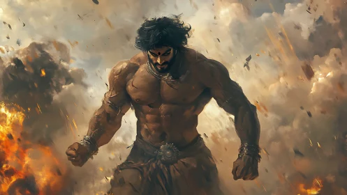 Storm-walking demigod strides through collapsing firestorm.