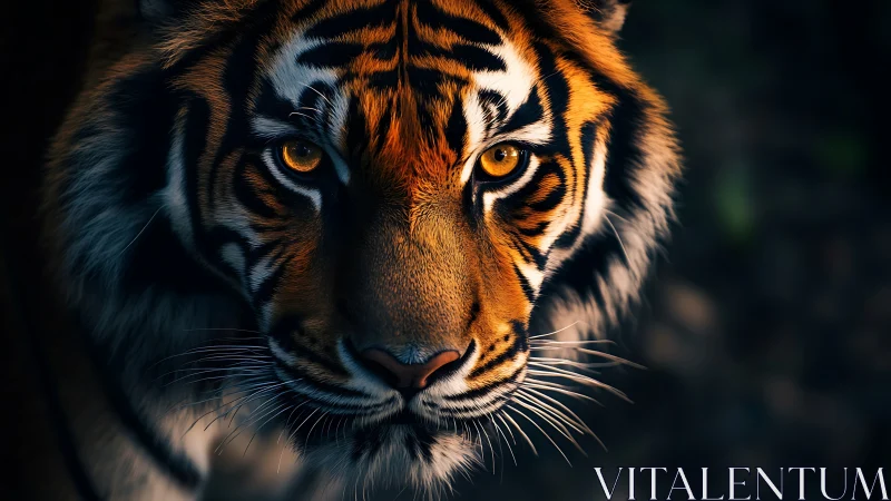 Cinematic close-up portrait isolates a tiger in low-key light
