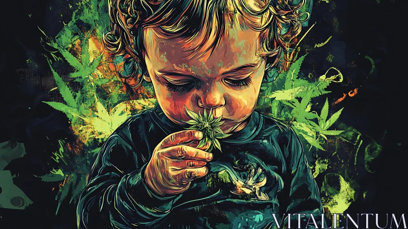 Young child with flowing golden hair smoking cannabis surrounded by luminescent leaf imagery