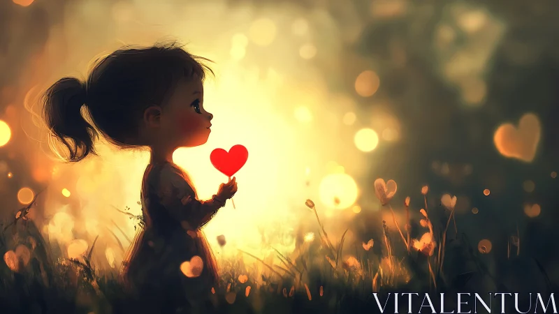 Silhouetted figure holding red heart in field setting.