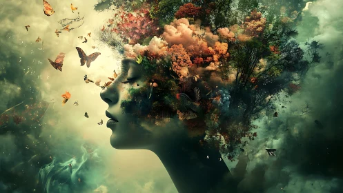 Surreal female profile fused with lush seasonal forestscape.