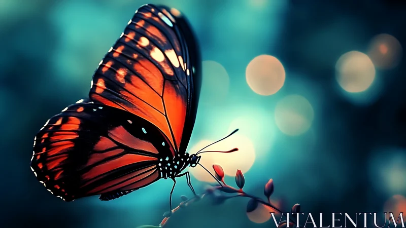 Butterfly on branch against defocused circular light field.