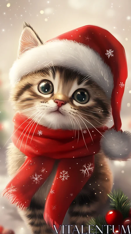 Snowflake-eyed Christmas kitten wrapped in red wonder.