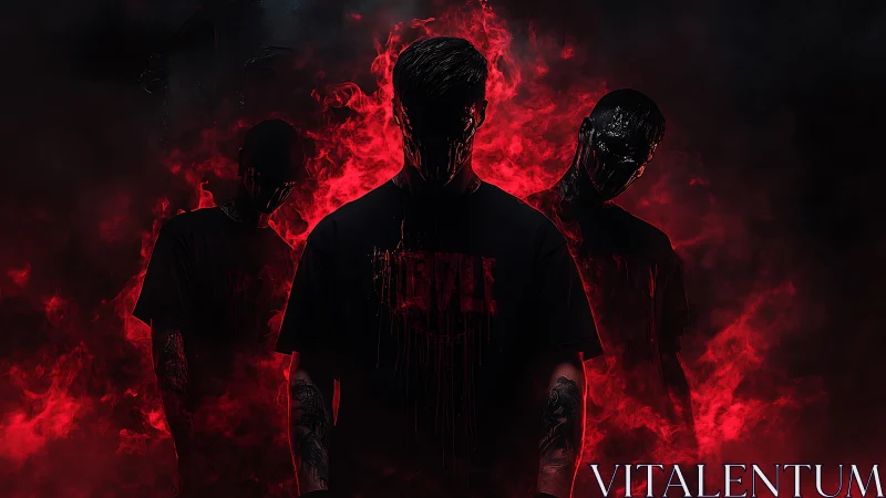 Digital painting of faceless trio in infernal red smoke field.