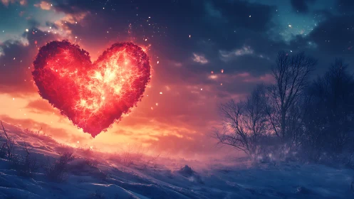 Glowing Heart Emerges from Winter Landscape.