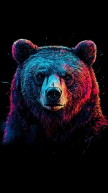 Neon-lit frontal bear portrait rendered on black background