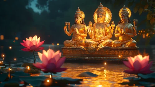 Golden Hindu deities on lotus lake with floating candles at dusk.