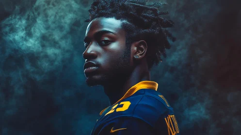 Moody athlete portrait with cinematic blue smoke backdrop.