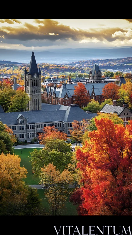 University campus towers rise above dense autumn foliage