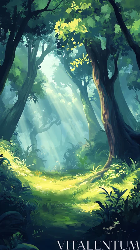 Enchanted Forest Pathway with Golden Canopy Light.