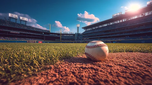 Sunlit baseball closeup on infield grass inside stadium.