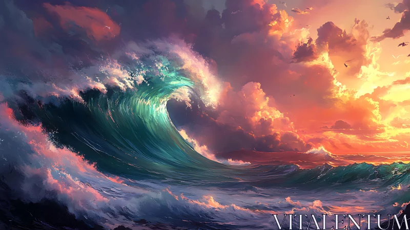 Luminescent storm wave crest under radiant sunset sky