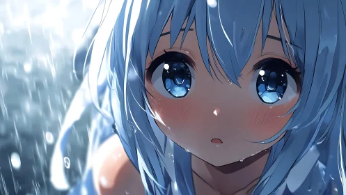 Blue haired anime character rendered close to frame in rain