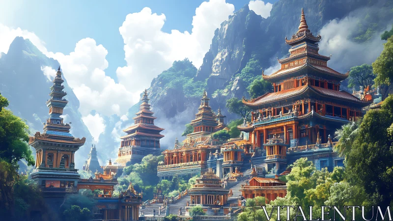 Sunlit mountain temples rising over a hidden green valley.