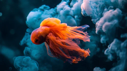 Glowing betta fish drifting softly through dreamy blue clouds.