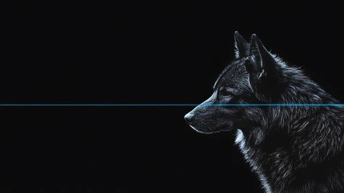 Cybernetic wolf profile intersected by neon horizon line.