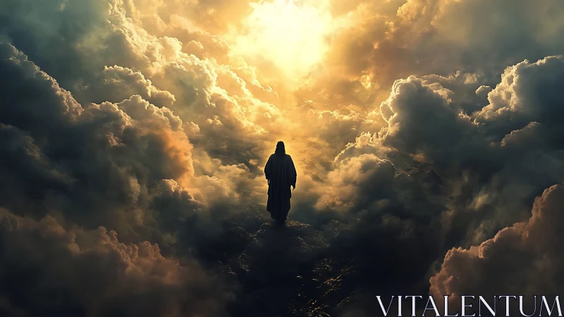 Solitary robed figure walking through glowing storm clouds.