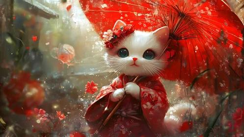 Enchanted White Kitten in Crimson Garden Dreams.
