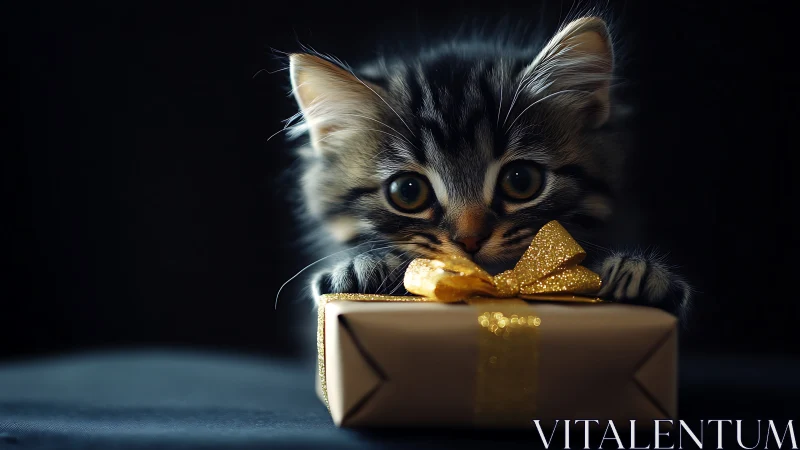 Tabby kitten with golden gift box in low key light.