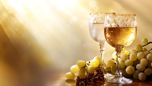 Crystal wine glasses glow in golden afternoon sunlight.